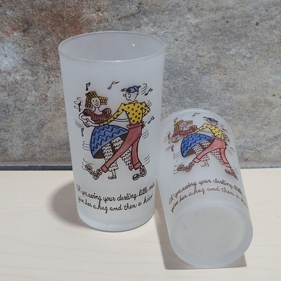 Vintage Square Dance Highball Federal Frosted Glass Tumblers Set of 2 - Picture 8 of 9